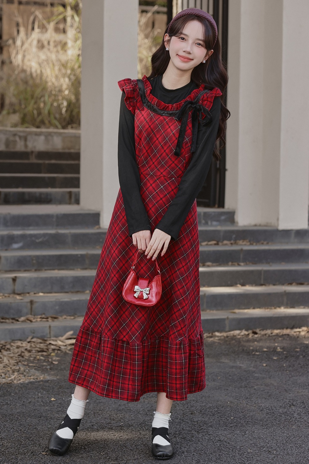 Plaid autumn and winter long dress red sweet dress