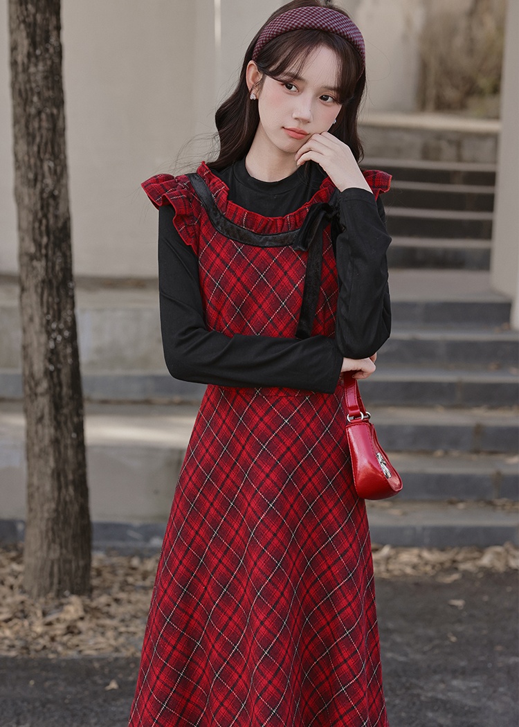 Plaid autumn and winter long dress red sweet dress