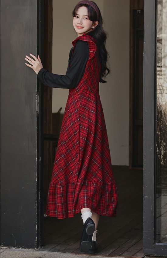 Plaid autumn and winter long dress red sweet dress