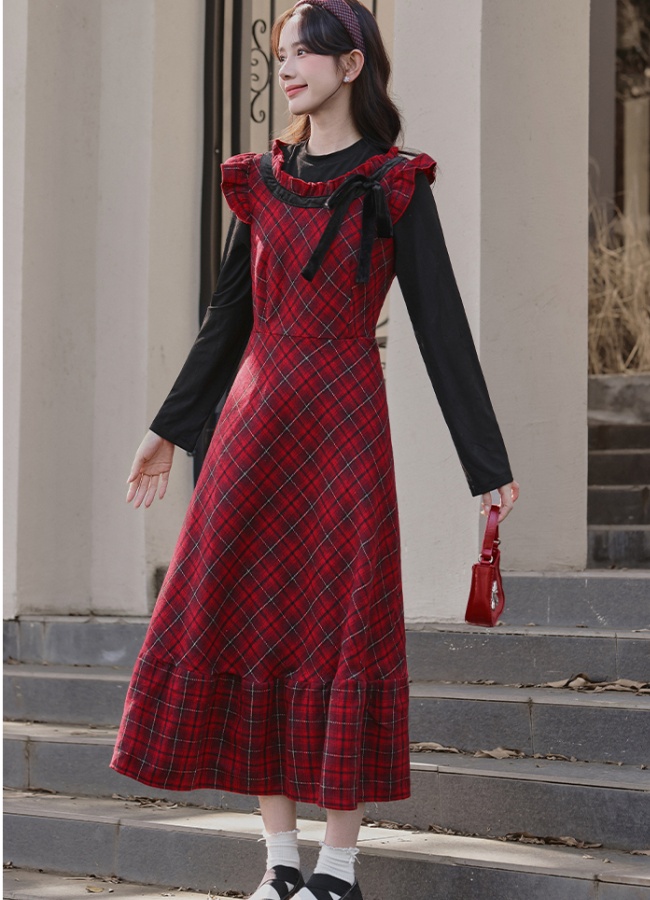Plaid autumn and winter long dress red sweet dress