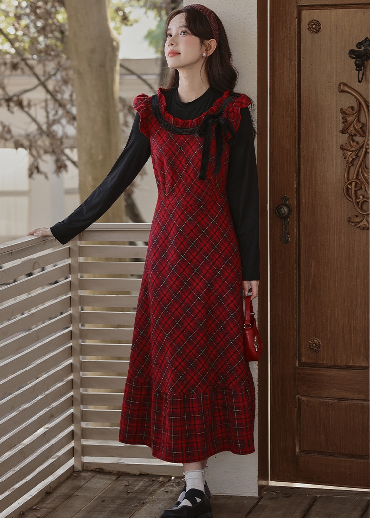Plaid autumn and winter long dress red sweet dress
