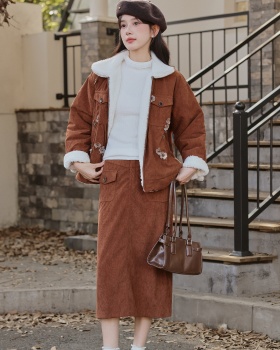 Corduroy lambs wool short skirt lapel cotton coat 2pcs set