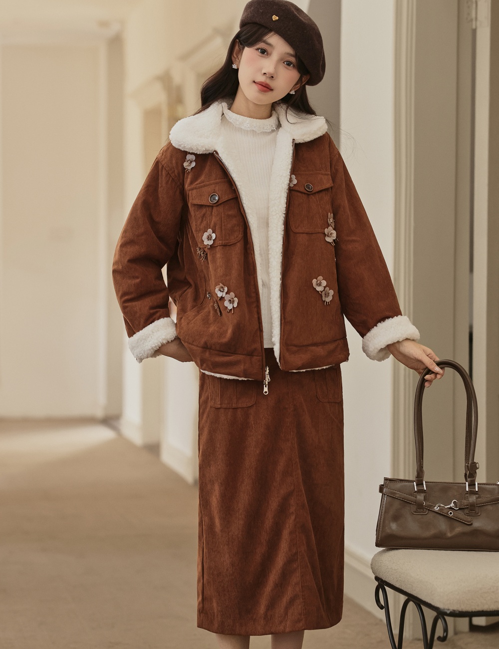 Corduroy lambs wool short skirt lapel cotton coat 2pcs set