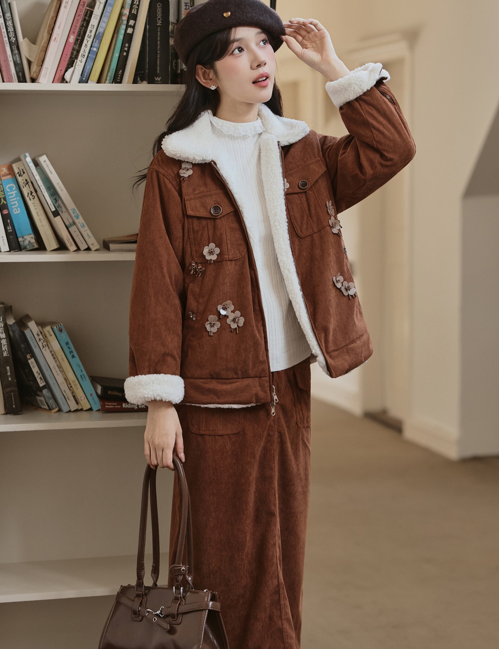 Corduroy lambs wool short skirt lapel cotton coat 2pcs set