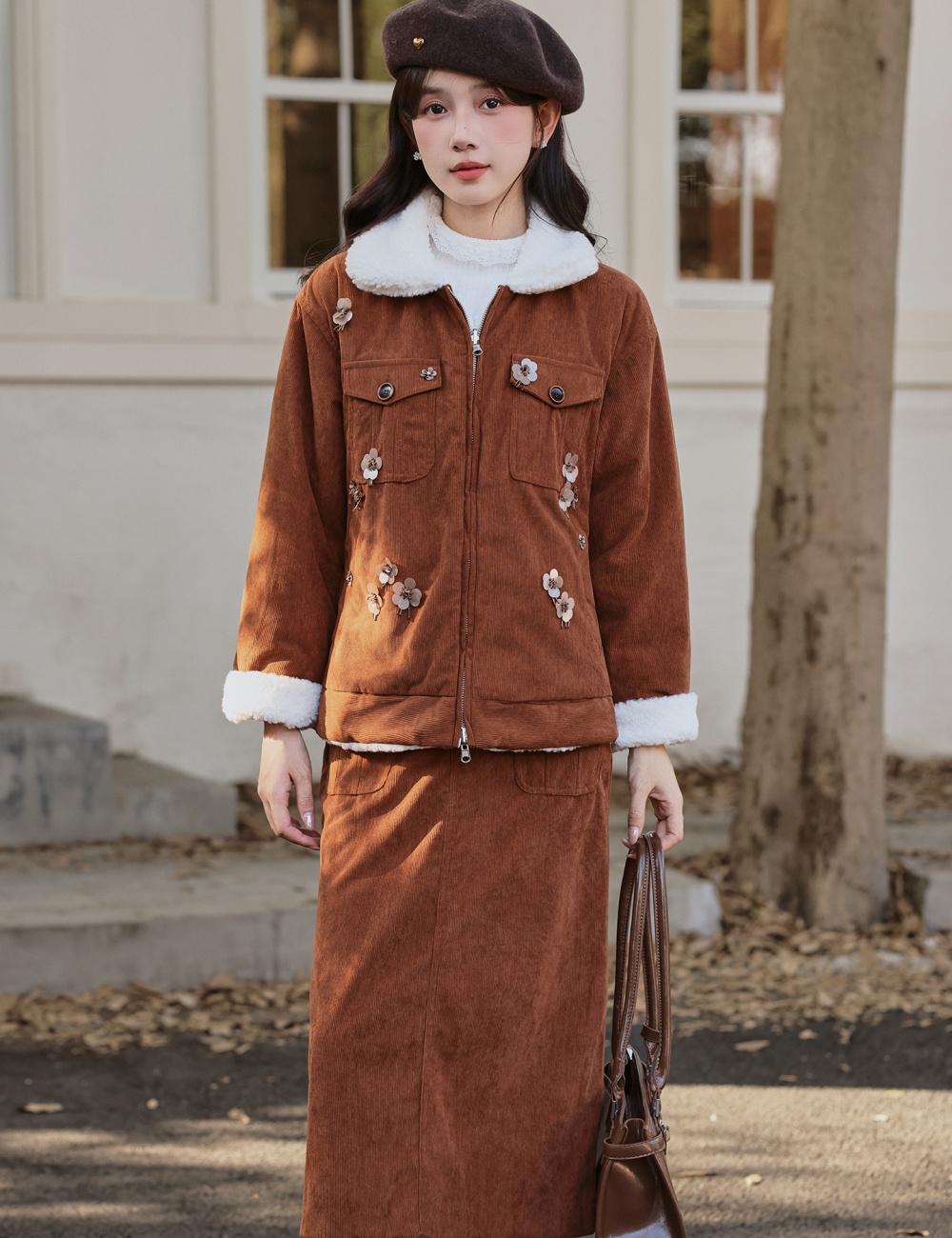 Corduroy lambs wool short skirt lapel cotton coat 2pcs set