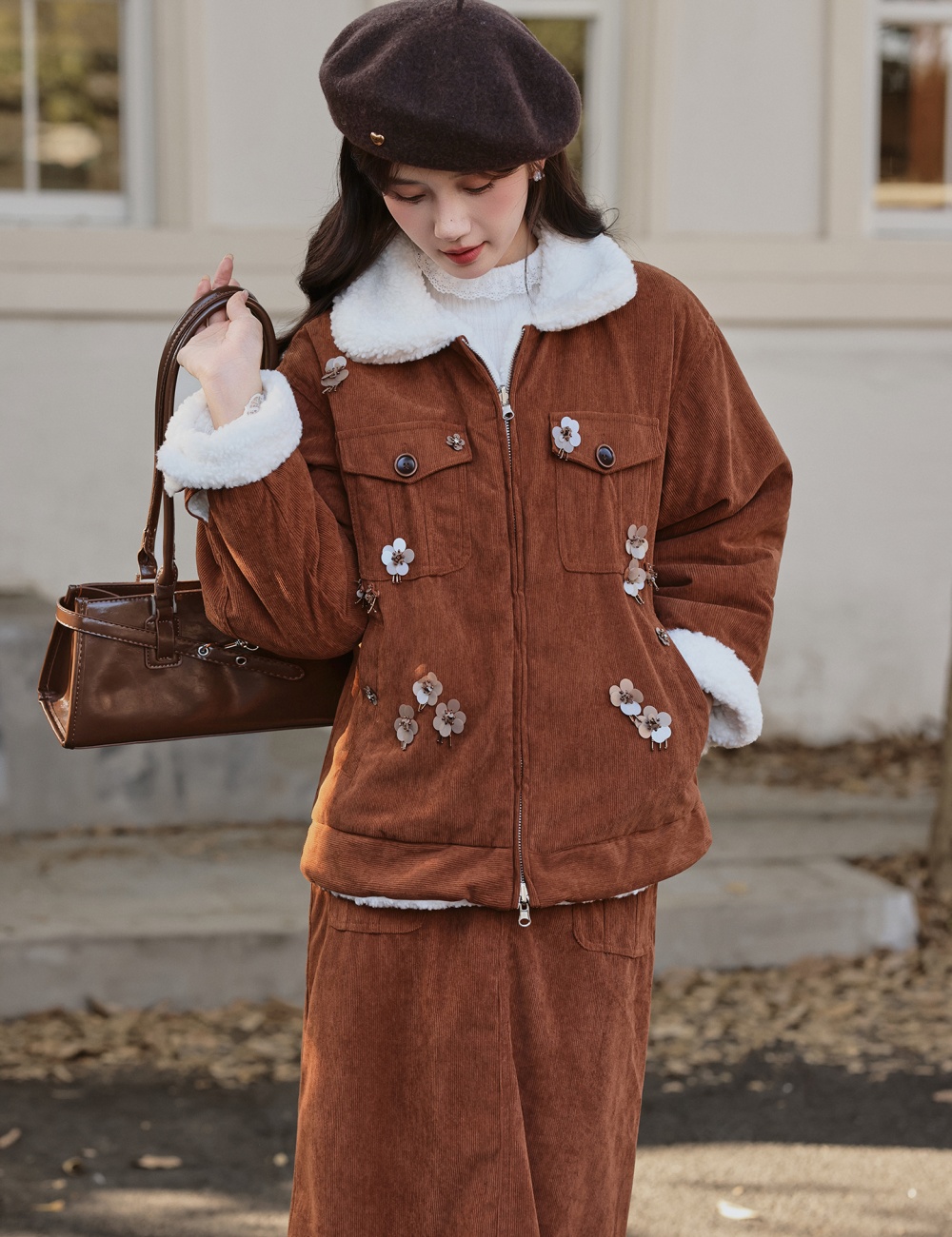 Corduroy lambs wool short skirt lapel cotton coat 2pcs set