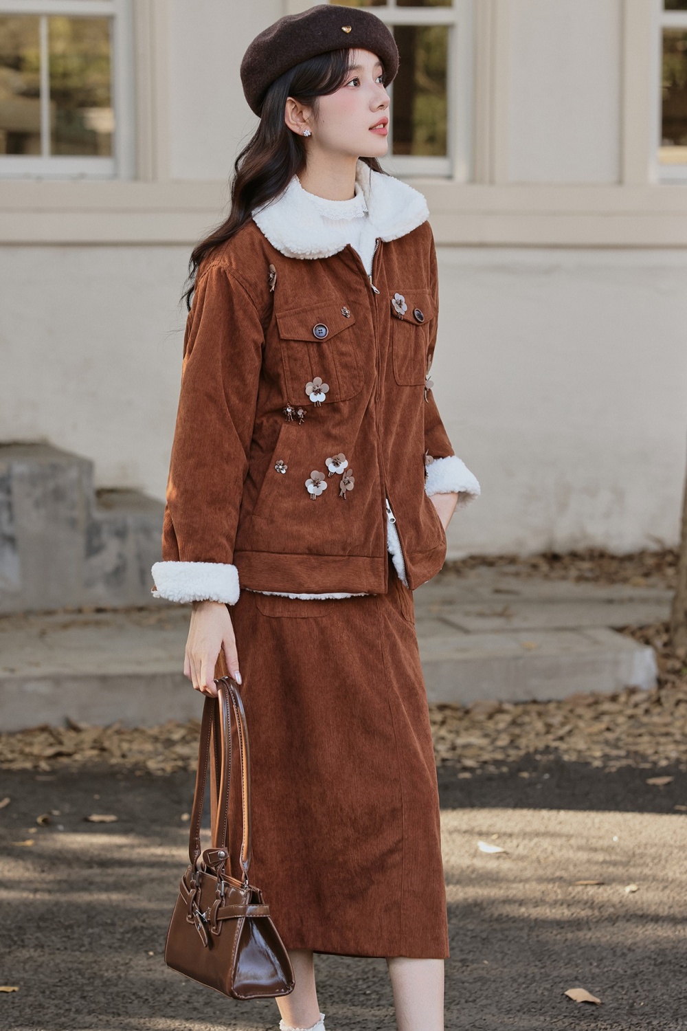 Corduroy lambs wool short skirt lapel cotton coat 2pcs set