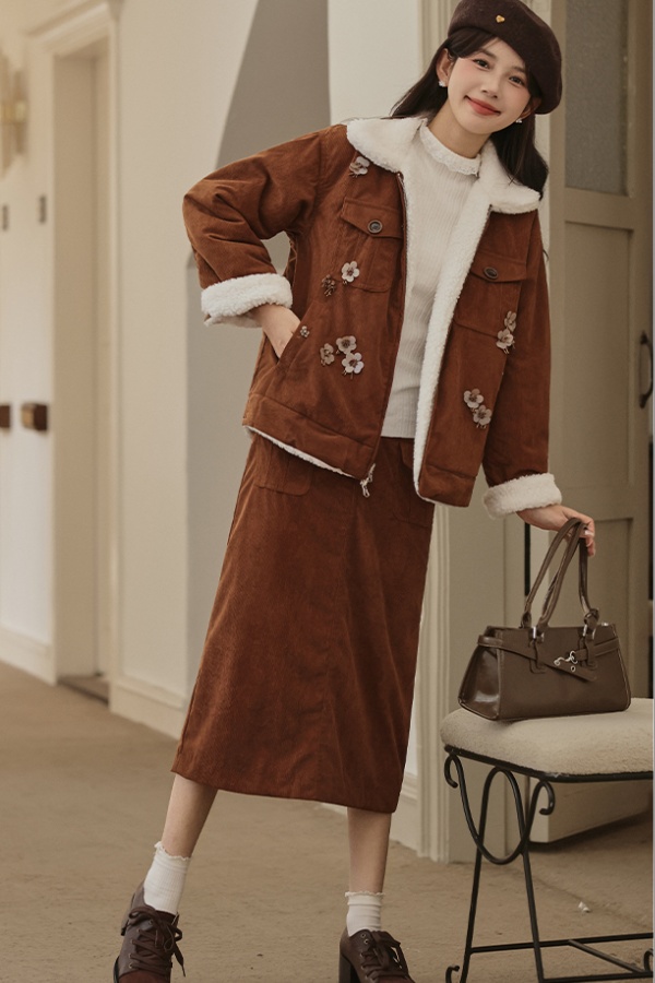 Corduroy lambs wool short skirt lapel cotton coat 2pcs set