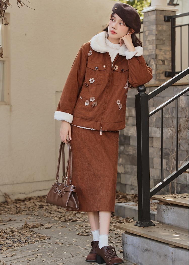 Corduroy lambs wool short skirt lapel cotton coat 2pcs set