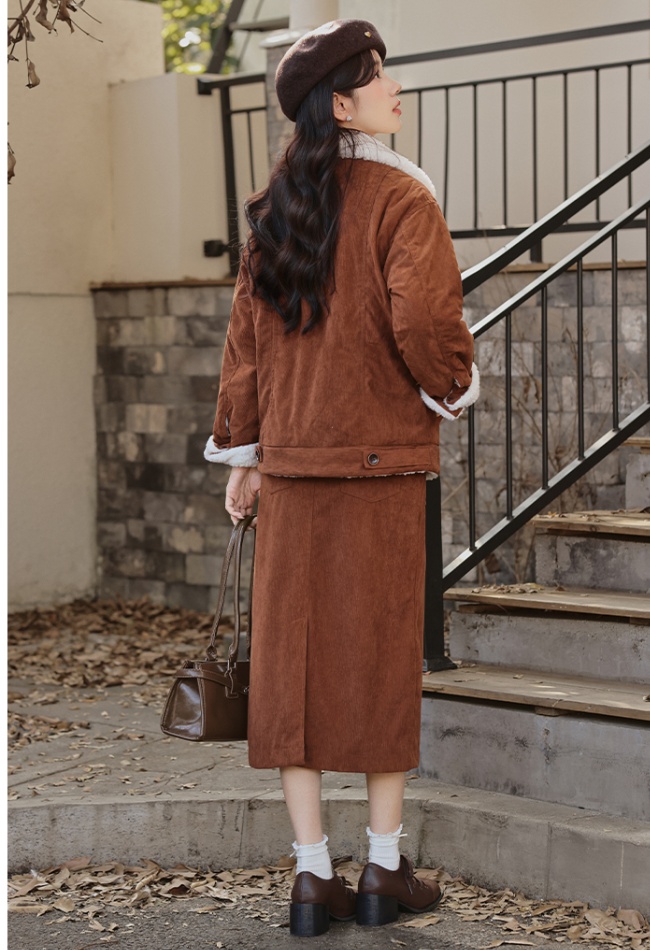 Corduroy lambs wool short skirt lapel cotton coat 2pcs set