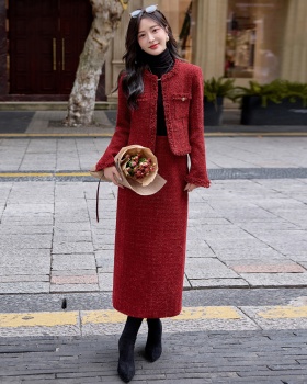 Red wool jacket winter long skirt a set