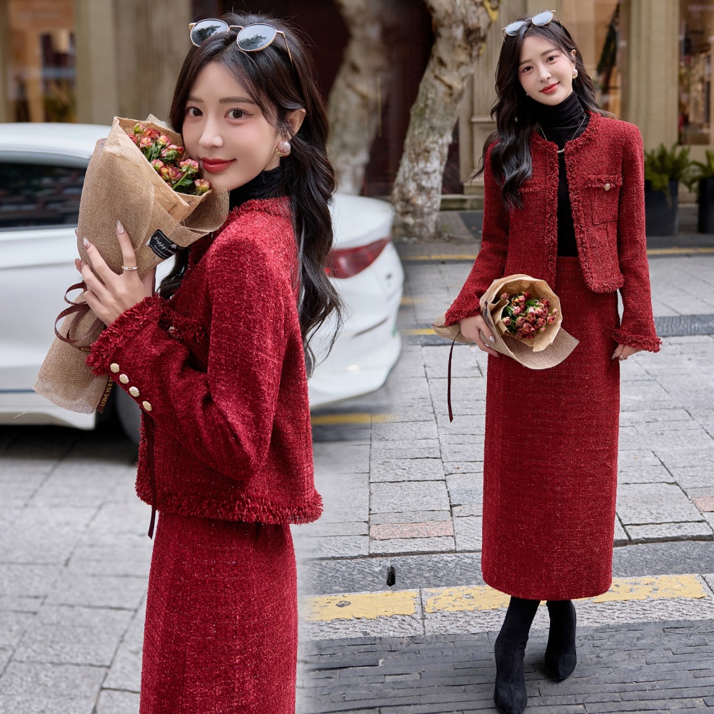 Red wool jacket winter long skirt a set