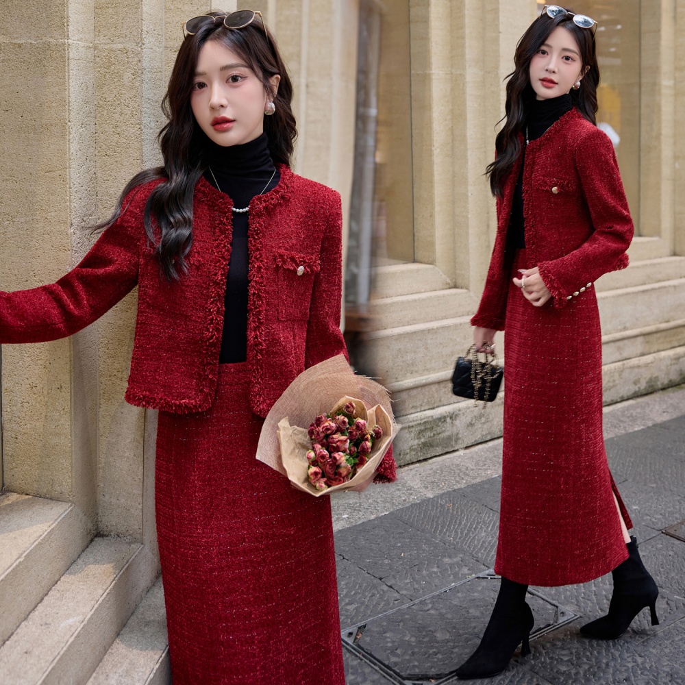 Red wool jacket winter long skirt a set
