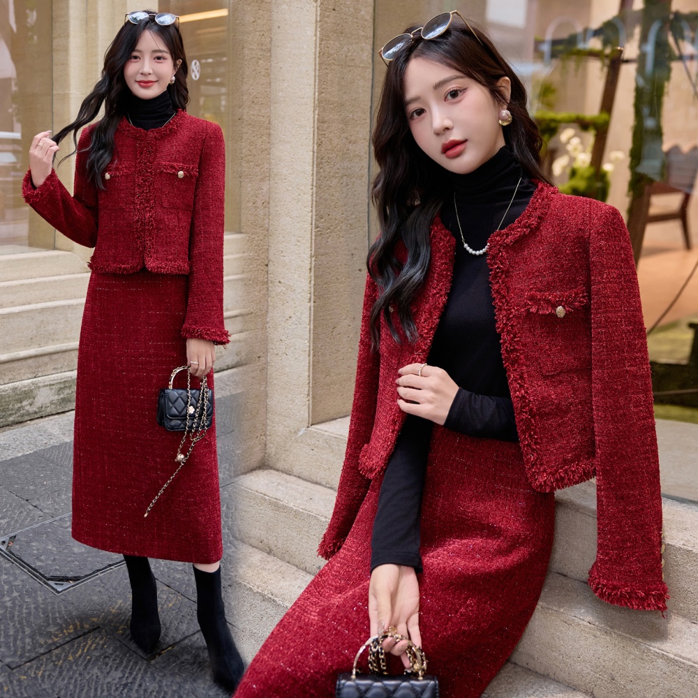 Red wool jacket winter long skirt a set