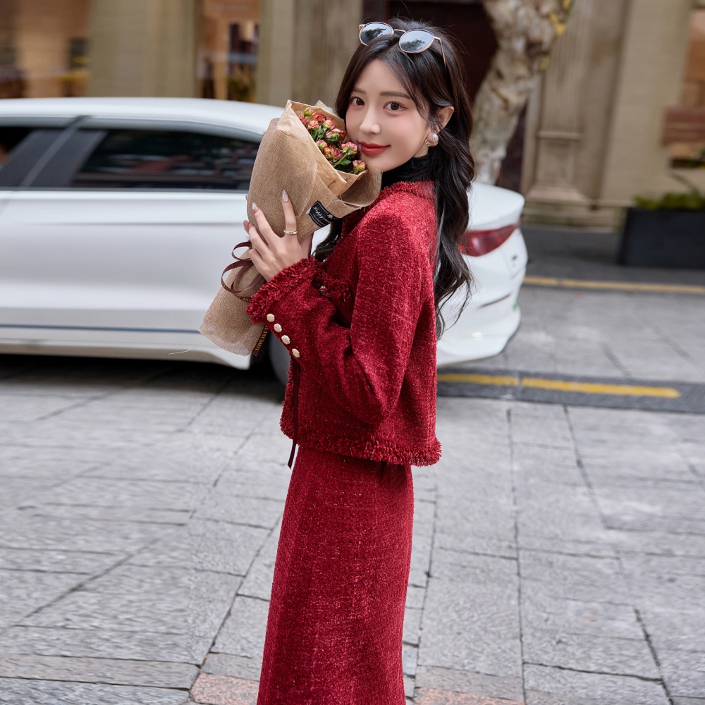 Red wool jacket winter long skirt a set