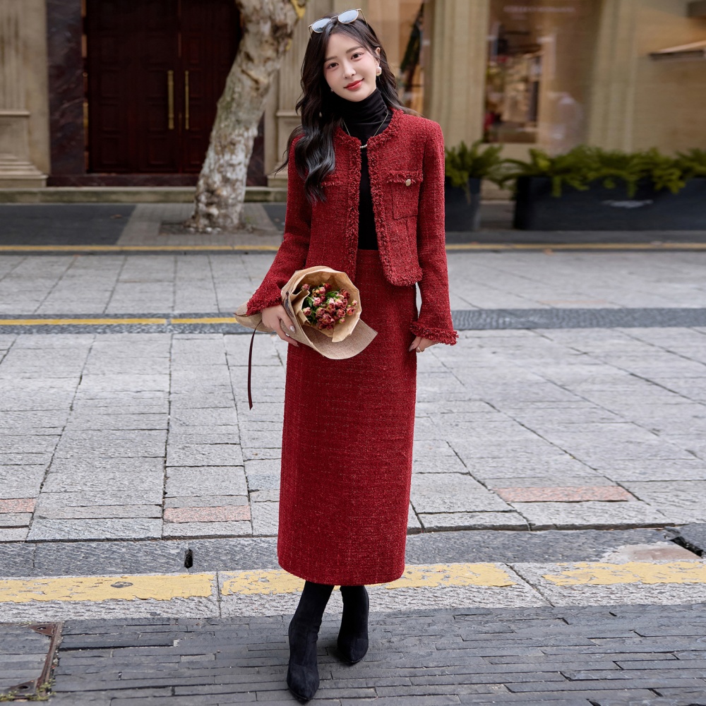 Red wool jacket winter long skirt a set