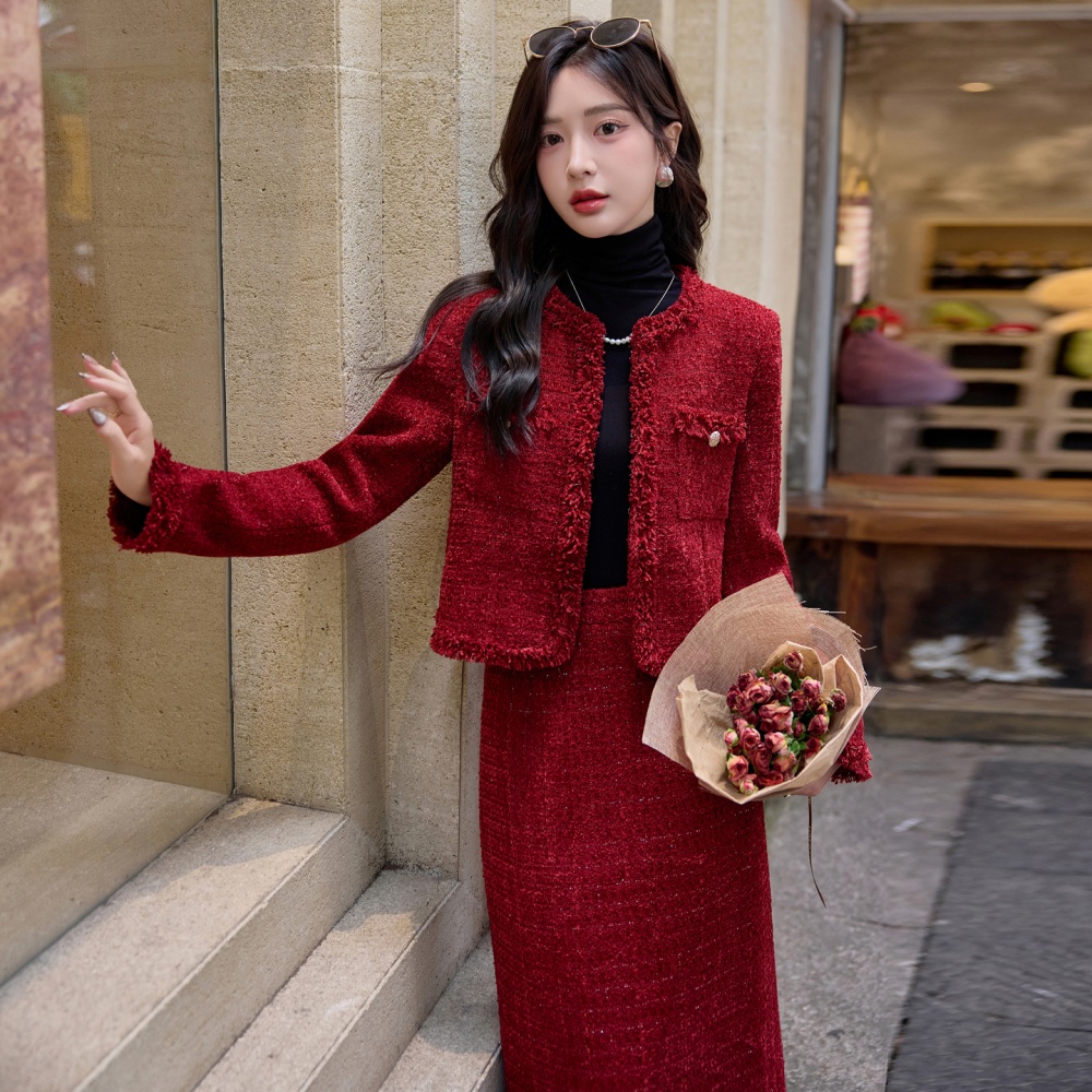 Red wool jacket winter long skirt a set