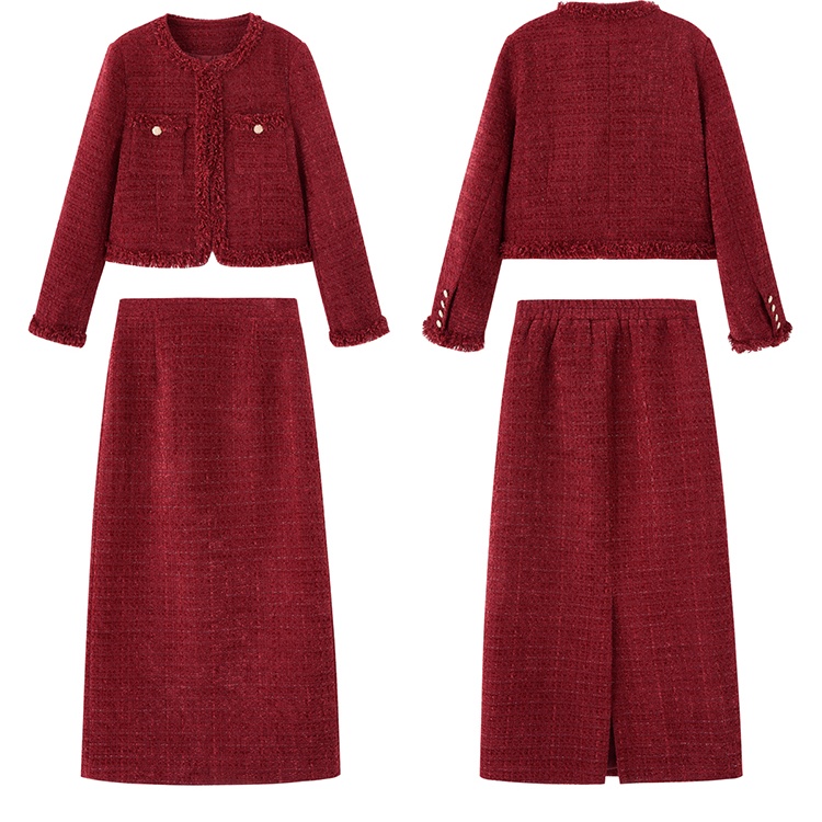 Red wool jacket winter long skirt a set