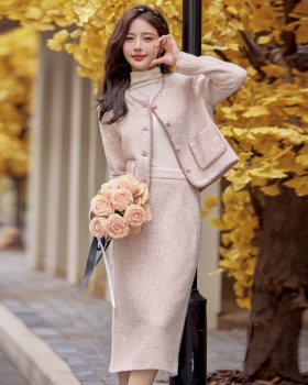 Woolen embroidery shell skirt straight pink long dress a set