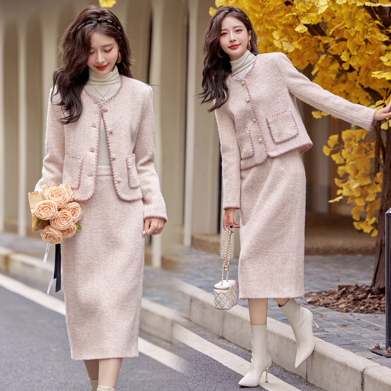 Woolen embroidery shell skirt straight pink long dress a set