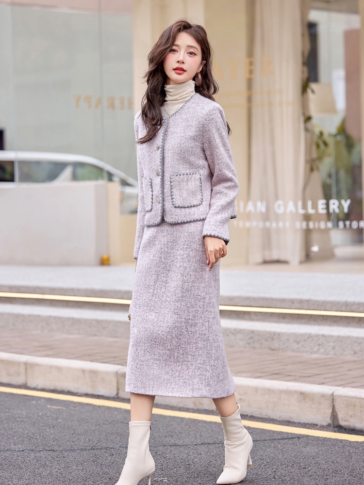 Woolen embroidery shell skirt straight pink long dress a set