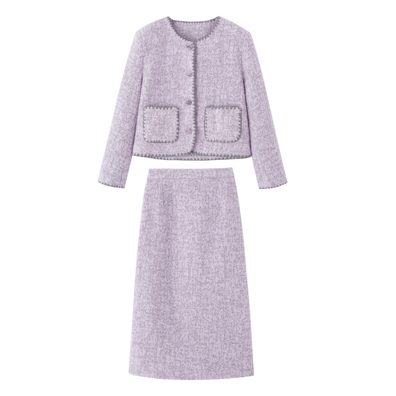 Woolen embroidery shell skirt straight pink long dress a set