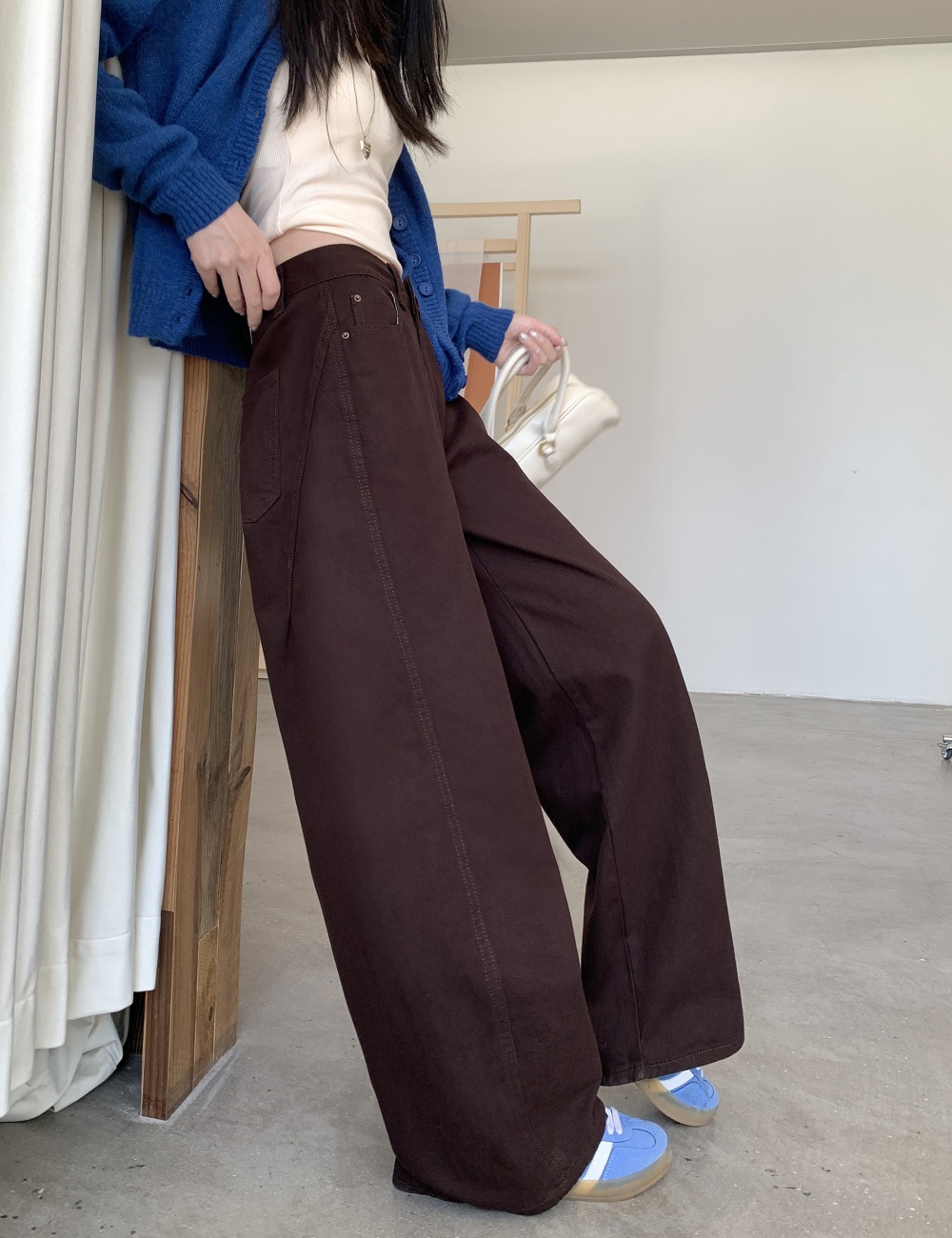 High waist straight loose jeans mopping brown slim pants