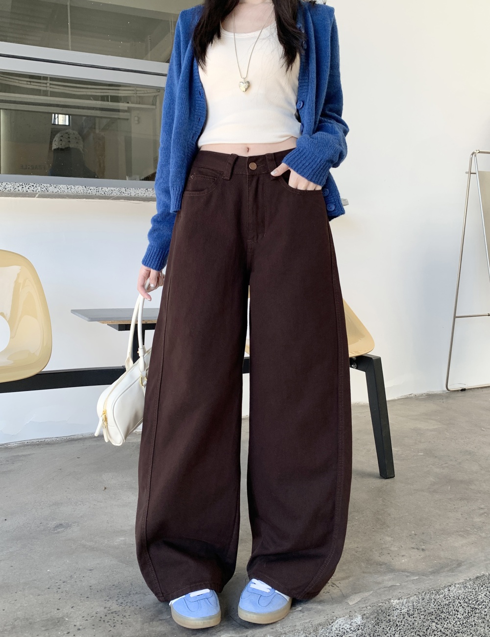 High waist straight loose jeans mopping brown slim pants