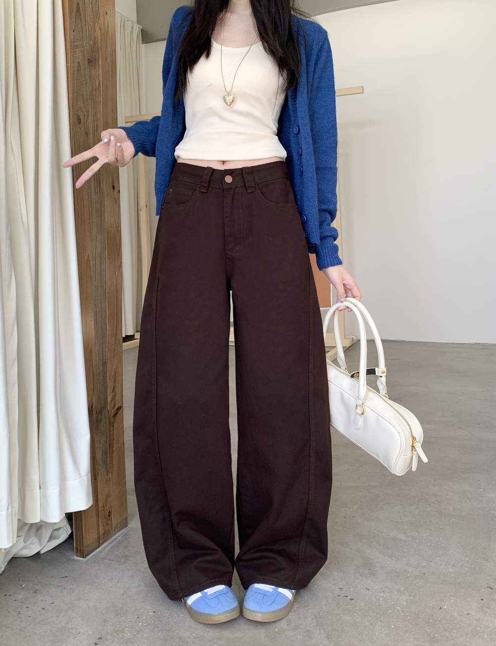 High waist straight loose jeans mopping brown slim pants