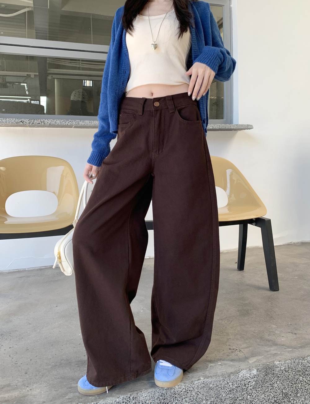 High waist straight loose jeans mopping brown slim pants