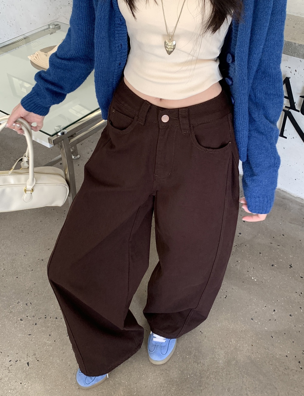 High waist straight loose jeans mopping brown slim pants