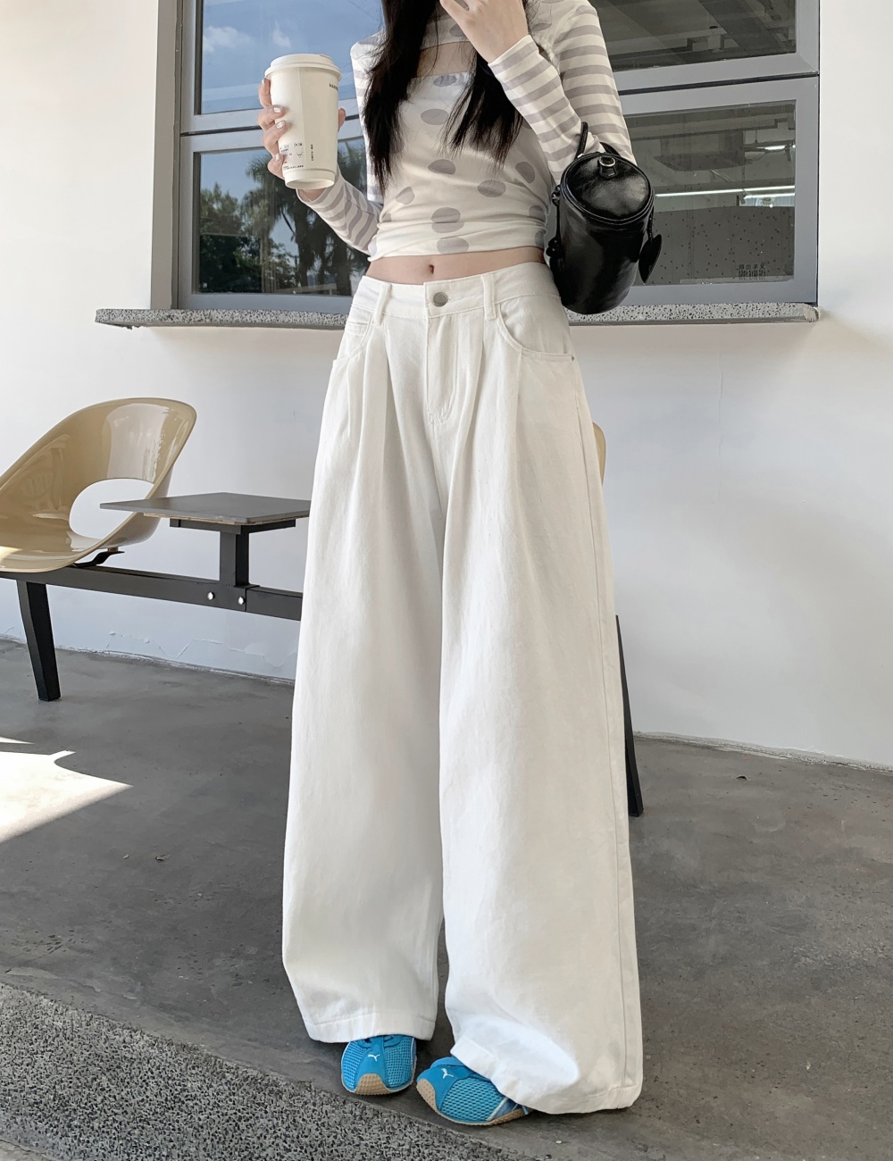 Fold straight pants jeans loose mopping long pants for women