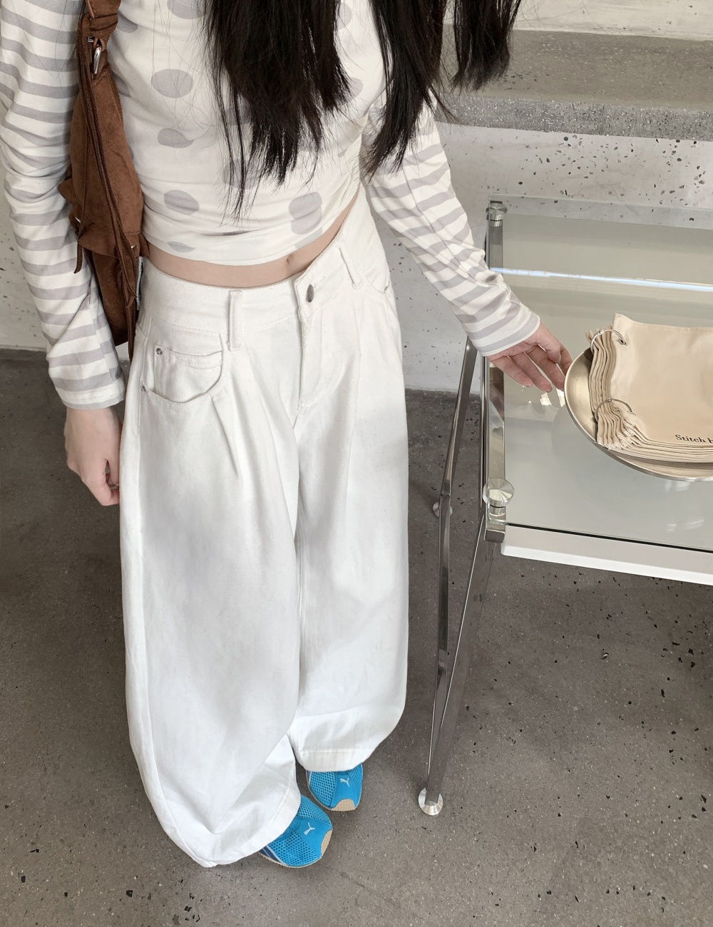 Fold straight pants jeans loose mopping long pants for women