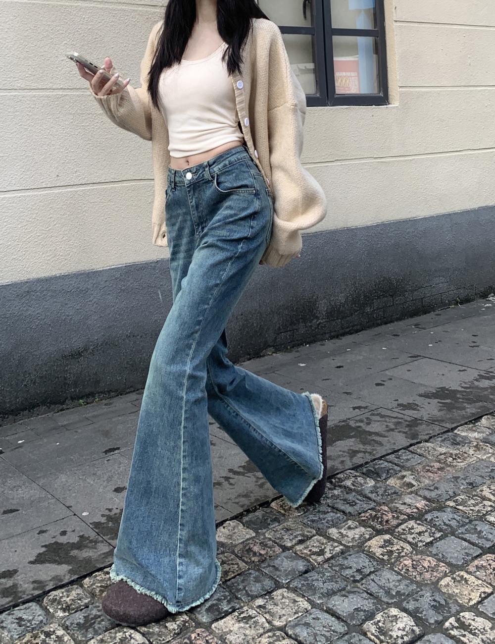 Micro speaker burr flare pants straight jeans for women