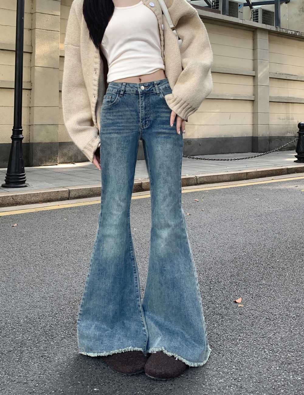 Micro speaker burr flare pants straight jeans for women