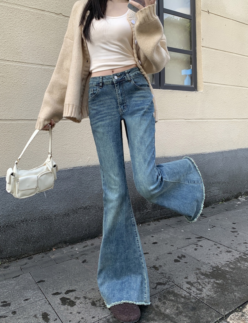 Micro speaker burr flare pants straight jeans for women