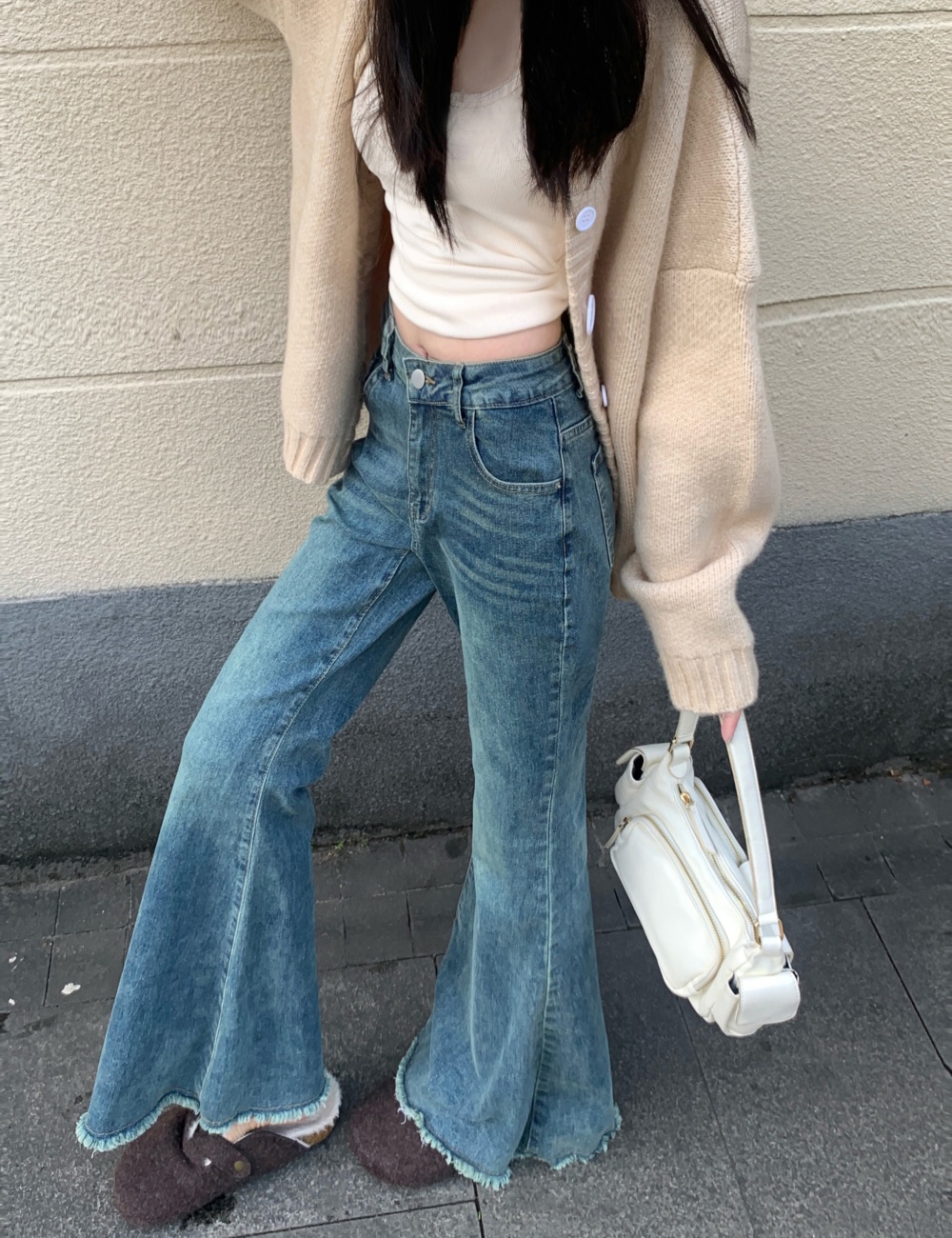 Micro speaker burr flare pants straight jeans for women