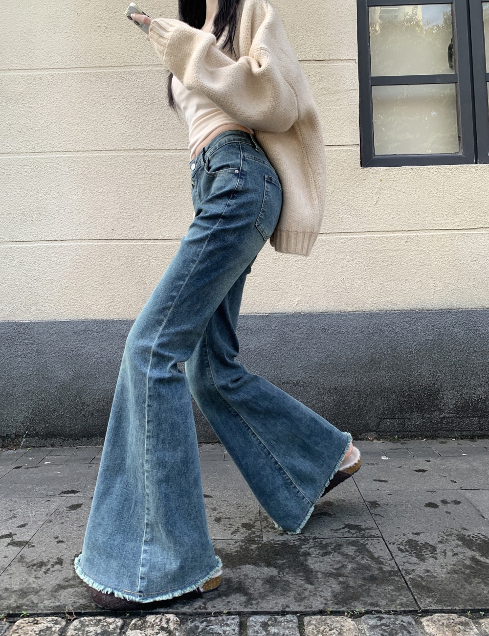 Micro speaker burr flare pants straight jeans for women