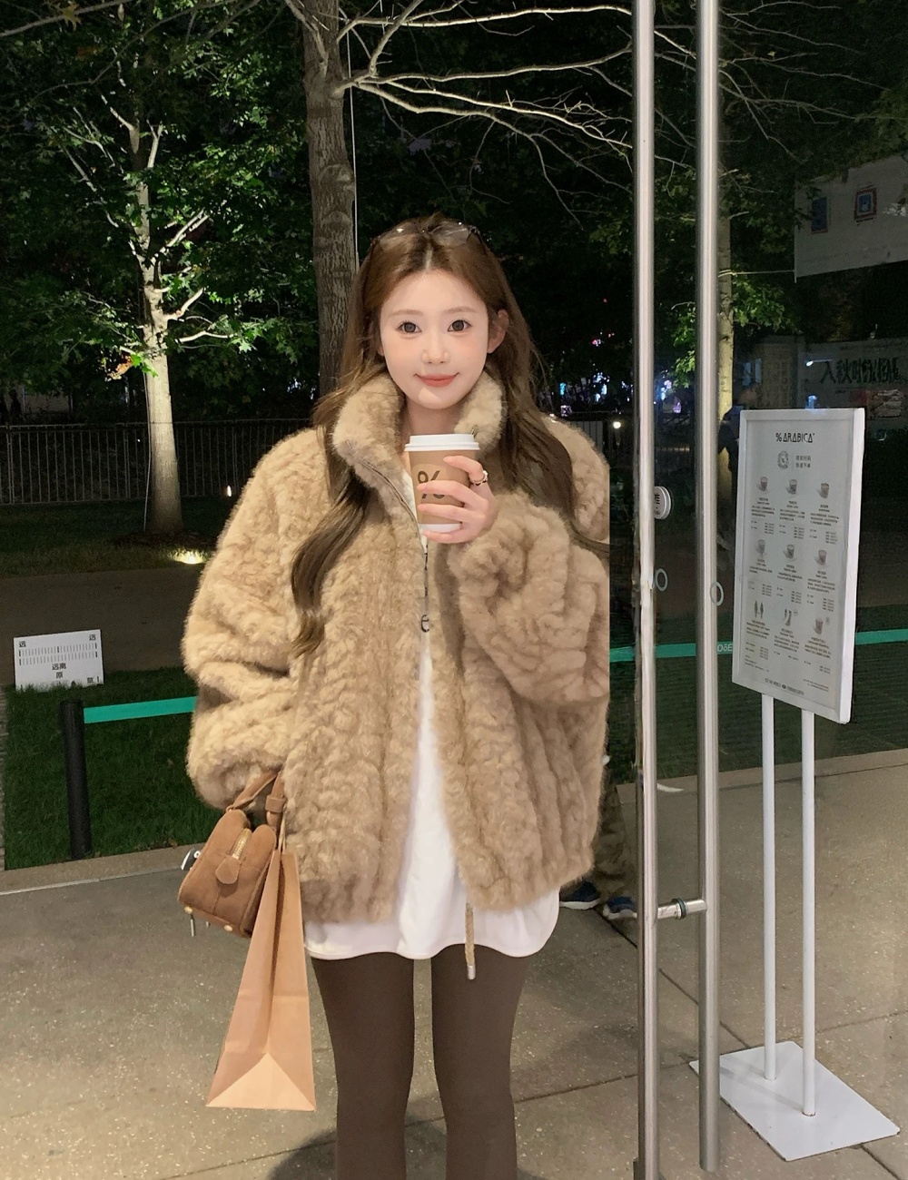 Loose plush lined thick thermal light luxury coat for women