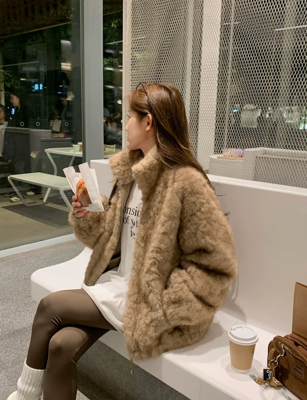 Loose plush lined thick thermal light luxury coat for women