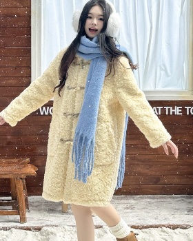 Horn buckle lambs wool coat yellow overcoat for women