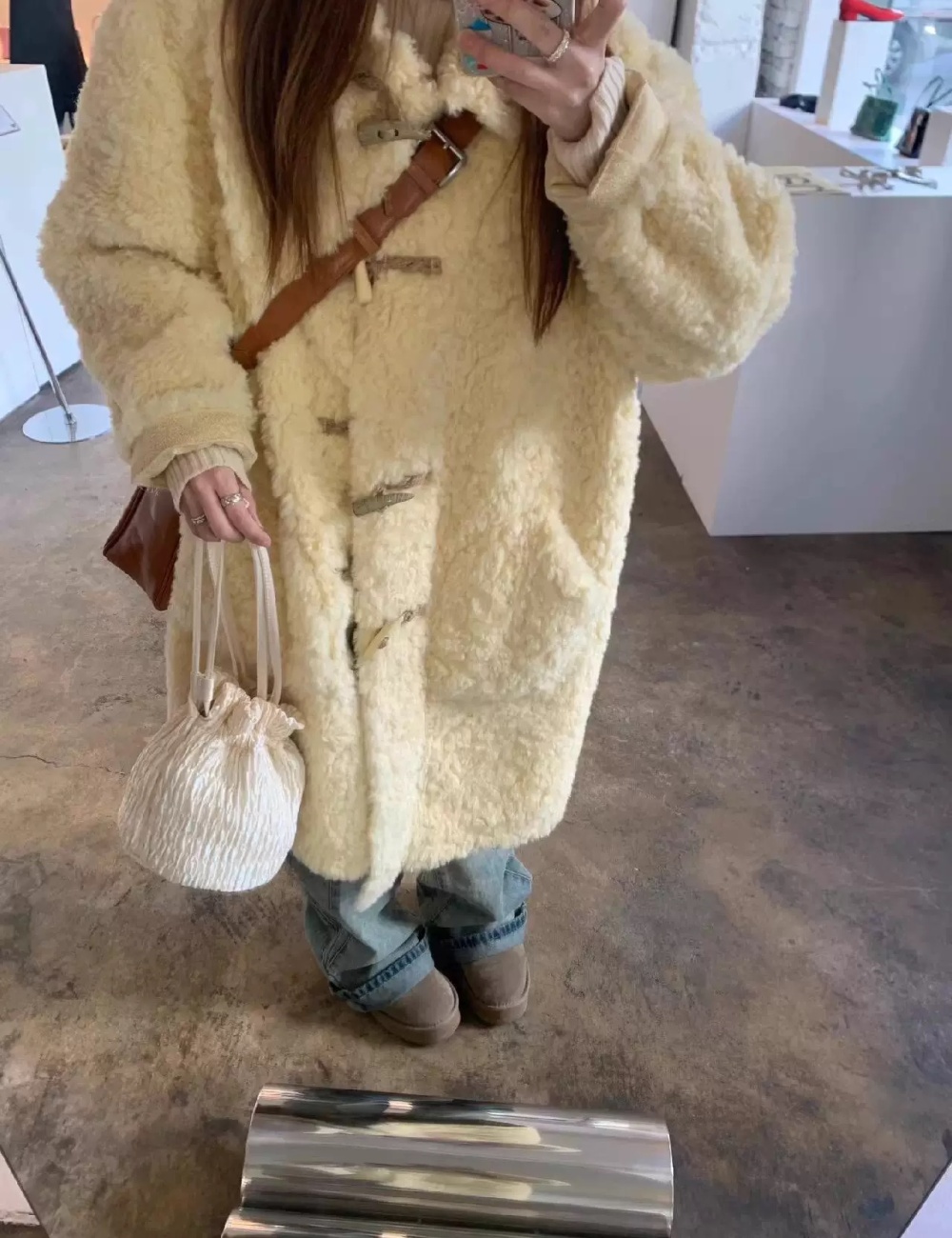 Horn buckle lambs wool coat yellow overcoat for women