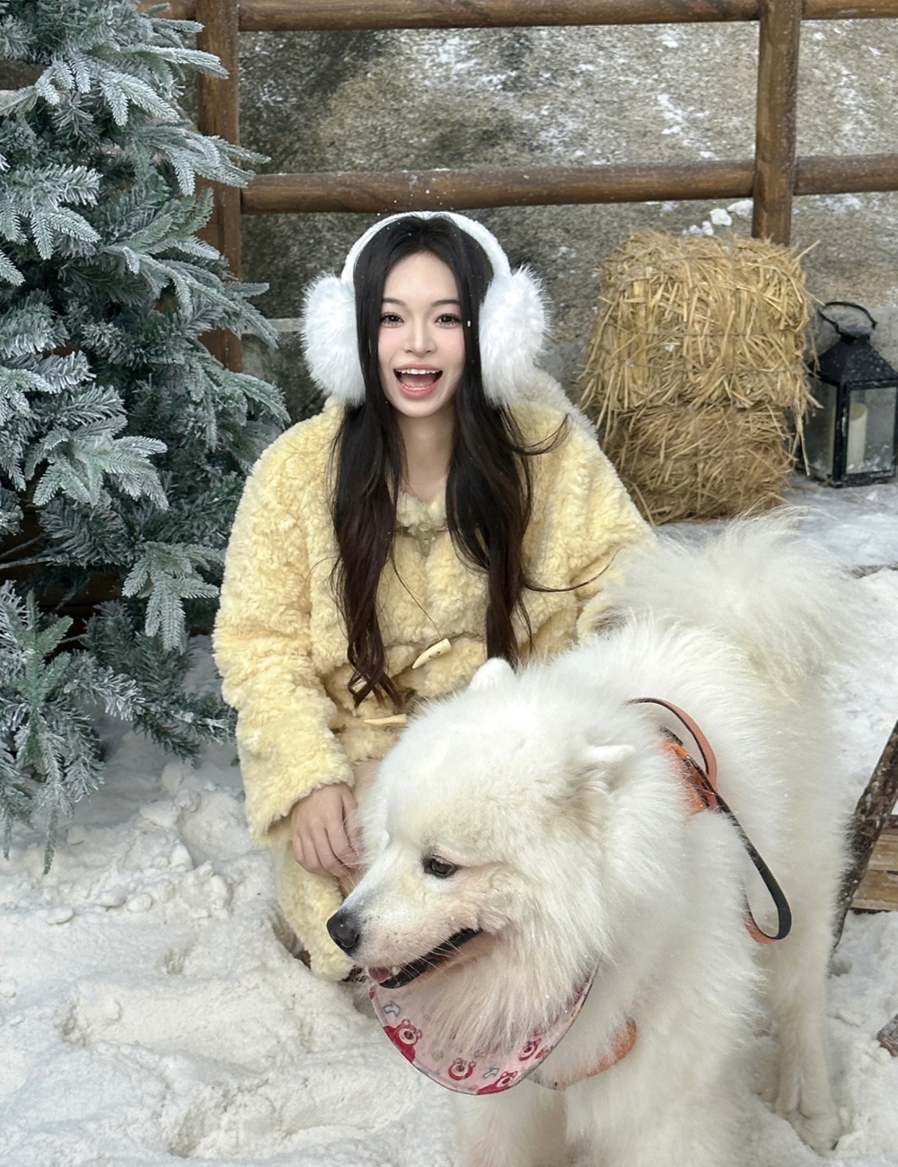 Horn buckle lambs wool coat yellow overcoat for women