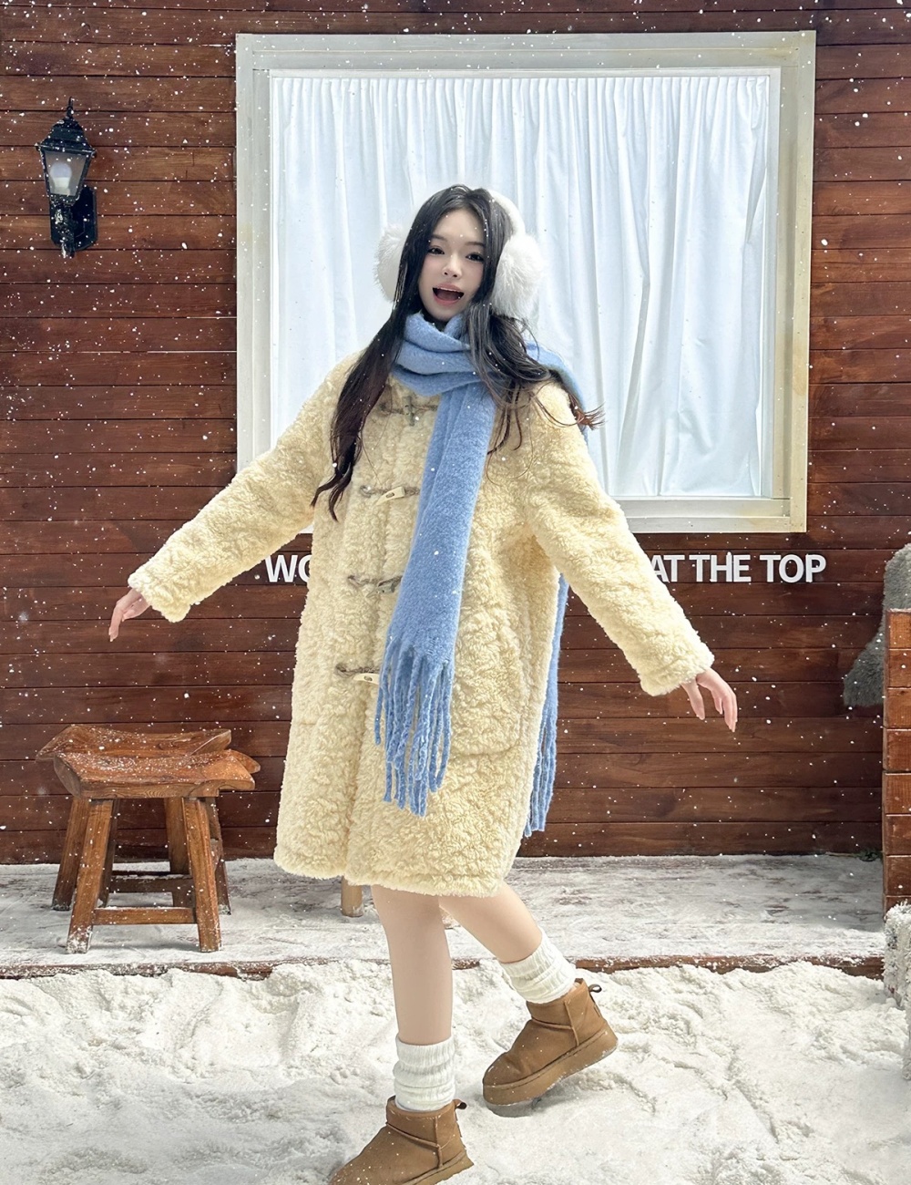 Horn buckle lambs wool coat yellow overcoat for women