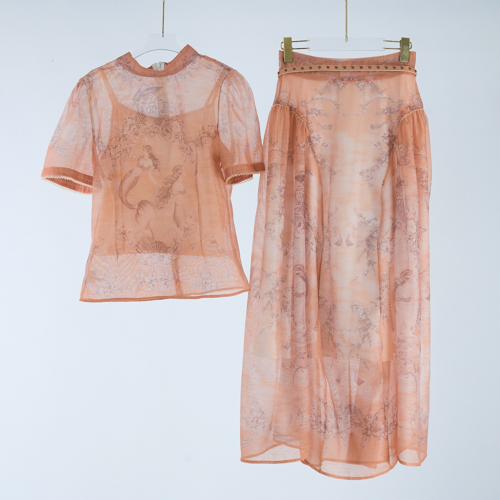 Pattern silk linen skirt mermaid vacation tops a set