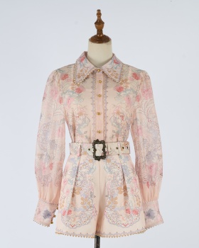 Ladies printing shirt lapel European style shorts a set