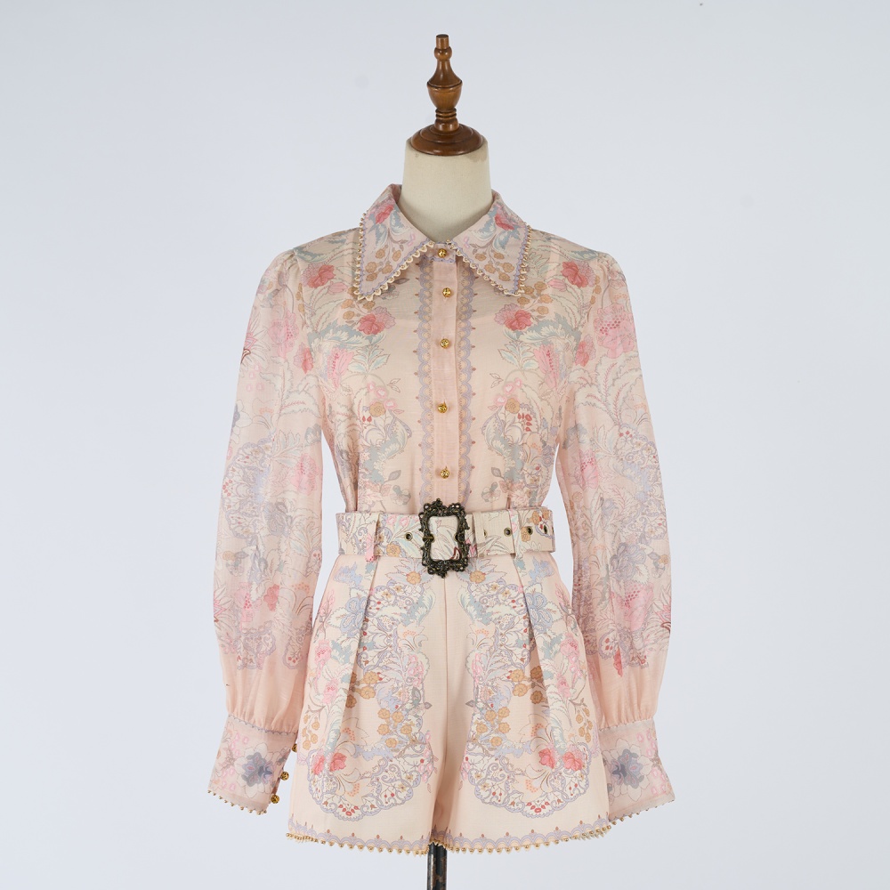 Ladies printing shirt lapel European style shorts a set