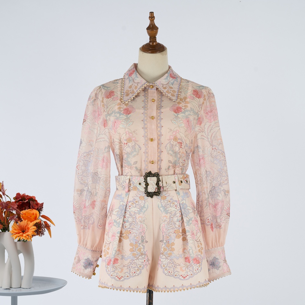Ladies printing shirt lapel European style shorts a set