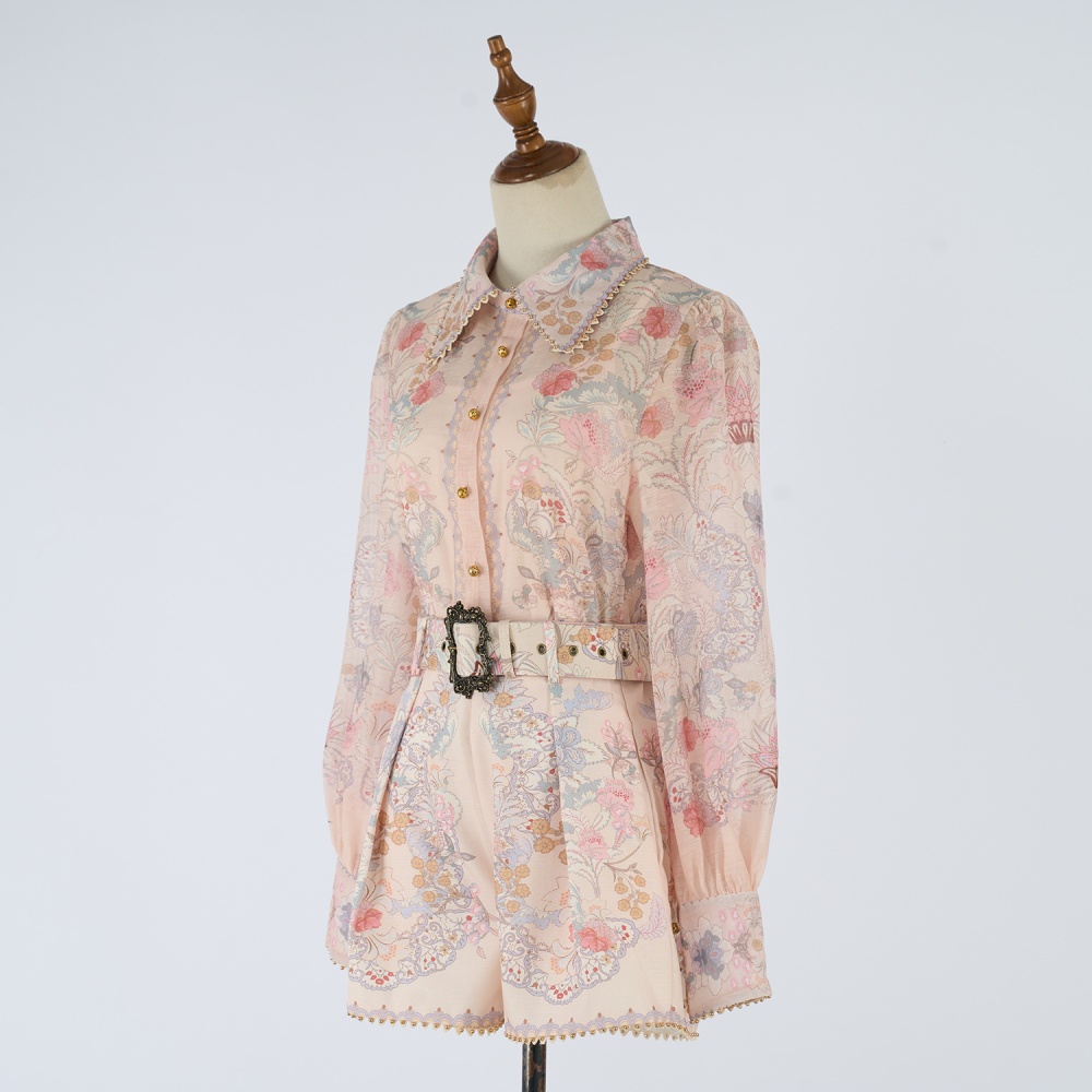 Ladies printing shirt lapel European style shorts a set