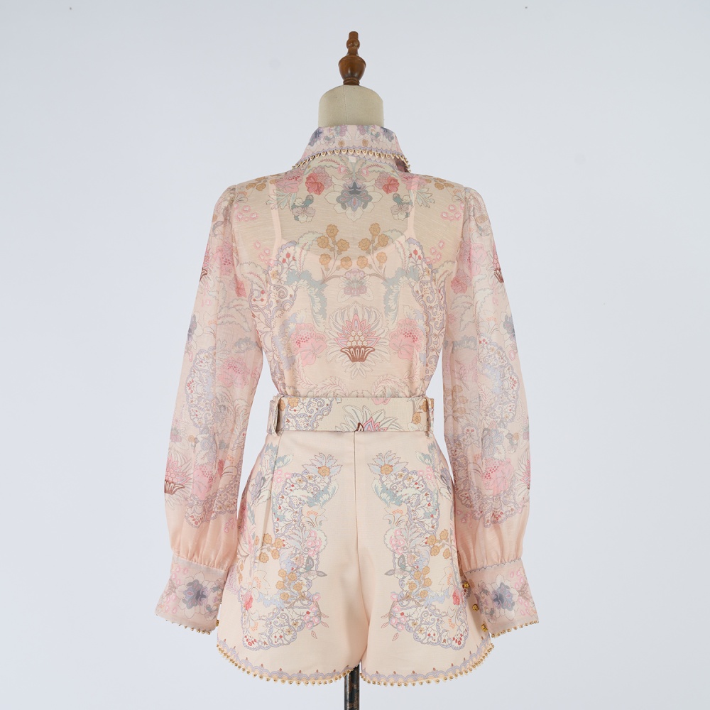 Ladies printing shirt lapel European style shorts a set